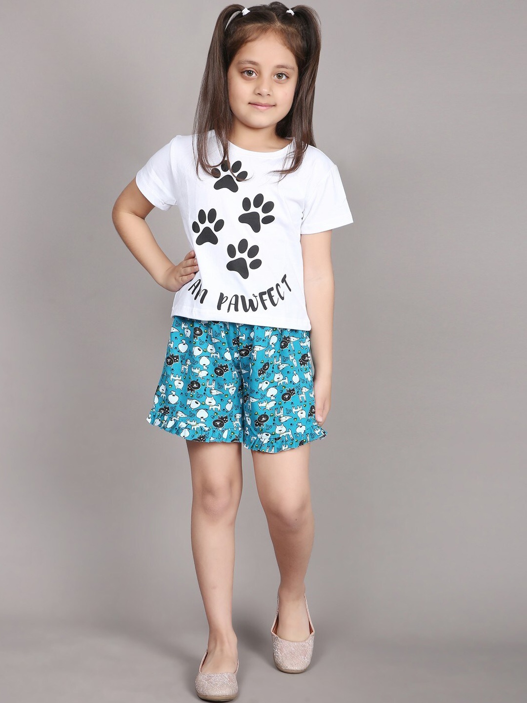 

Ninos Dreams Girls Dog Print Pure Cotton T-shirt with Shorts, Turquoise blue