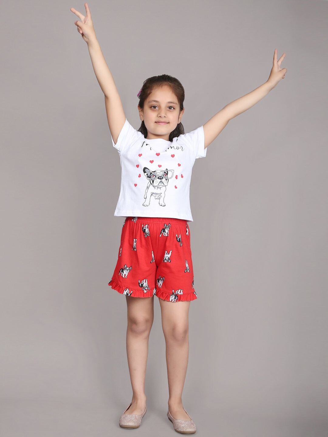 

Ninos Dreams Girls Conversational Printed Pure Cotton T-shirt & Shorts, Red