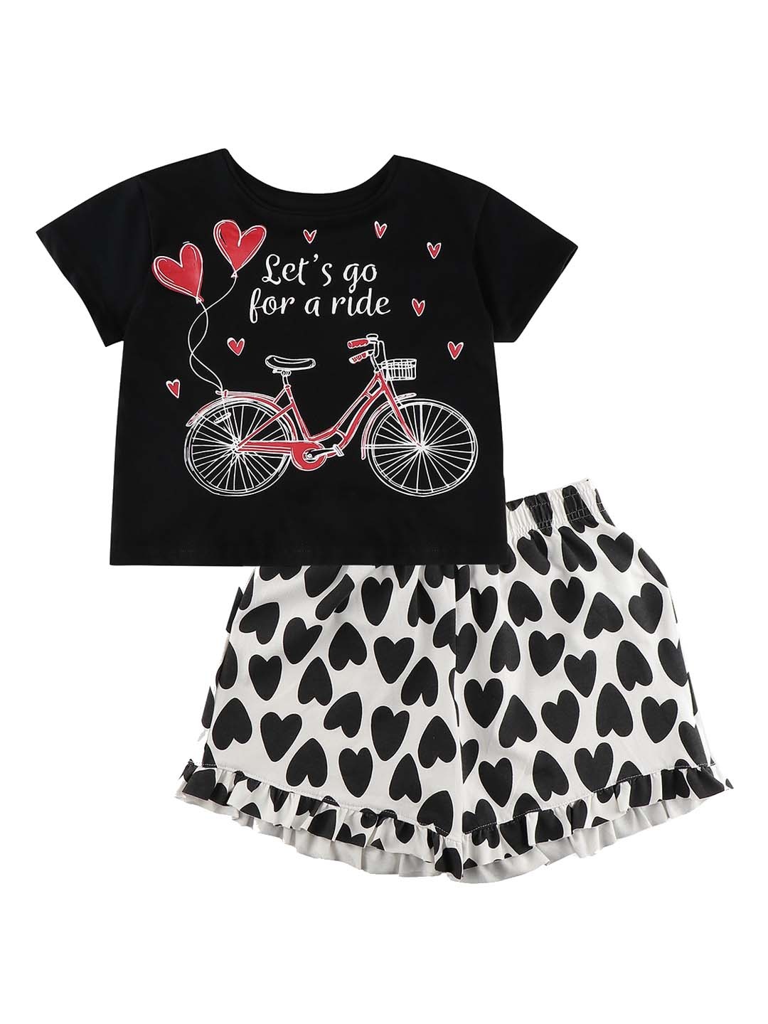 

Ninos Dreams Girls Cycle Printed Pure Cotton T-shirt & Heart Printed Shorts, Black