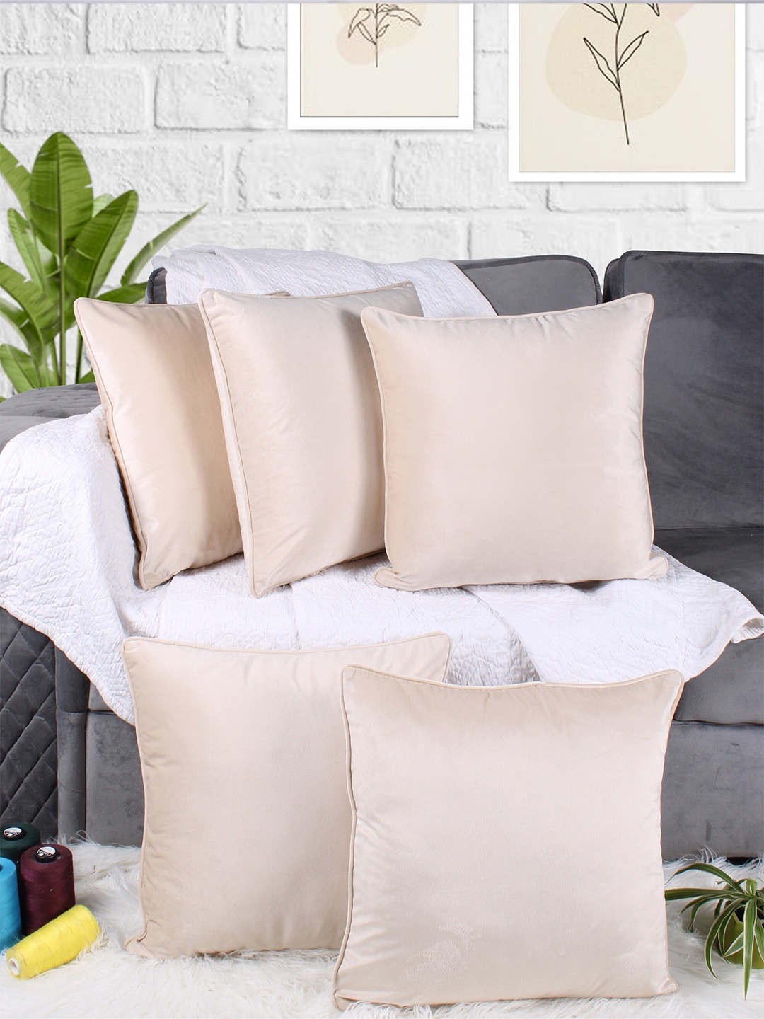 

STITCHNEST Beige 5 Pieces Velvet Square Cushion Covers