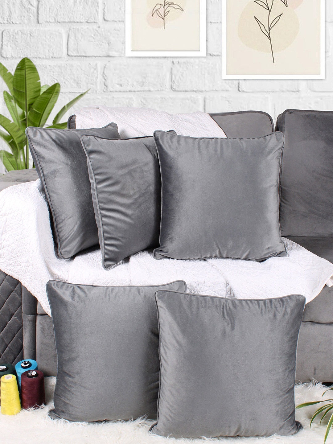 

STITCHNEST Grey 5 Pieces Velvet Square Cushion Covers