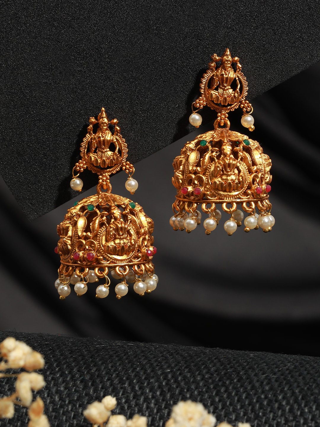 

Saraf RS Jewellery Gold-Plated Contemporary Temple Jhumkas Earrings