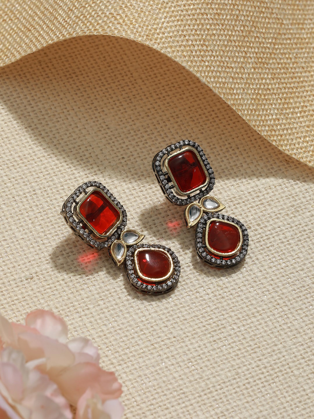 

Saraf RS Jewellery Silver-Plated Oxidised Contemporary Drop Earrings, Red