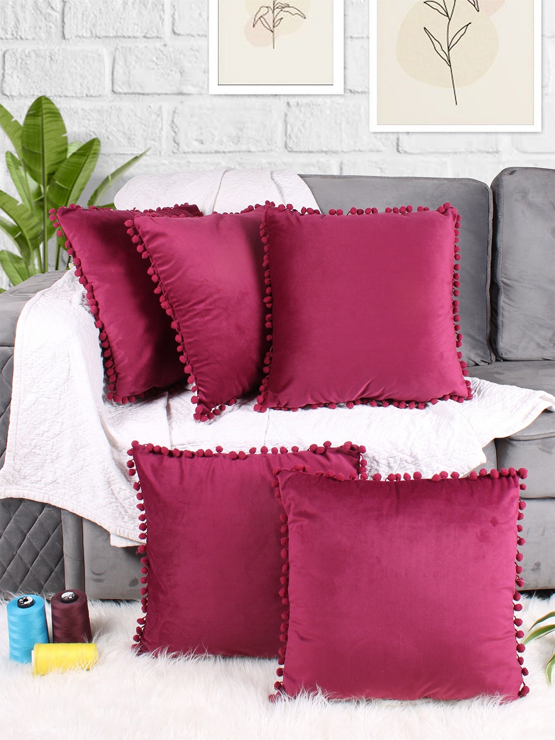 

STITCHNEST Maroon 5 Pieces Velvet Square Cushion Covers