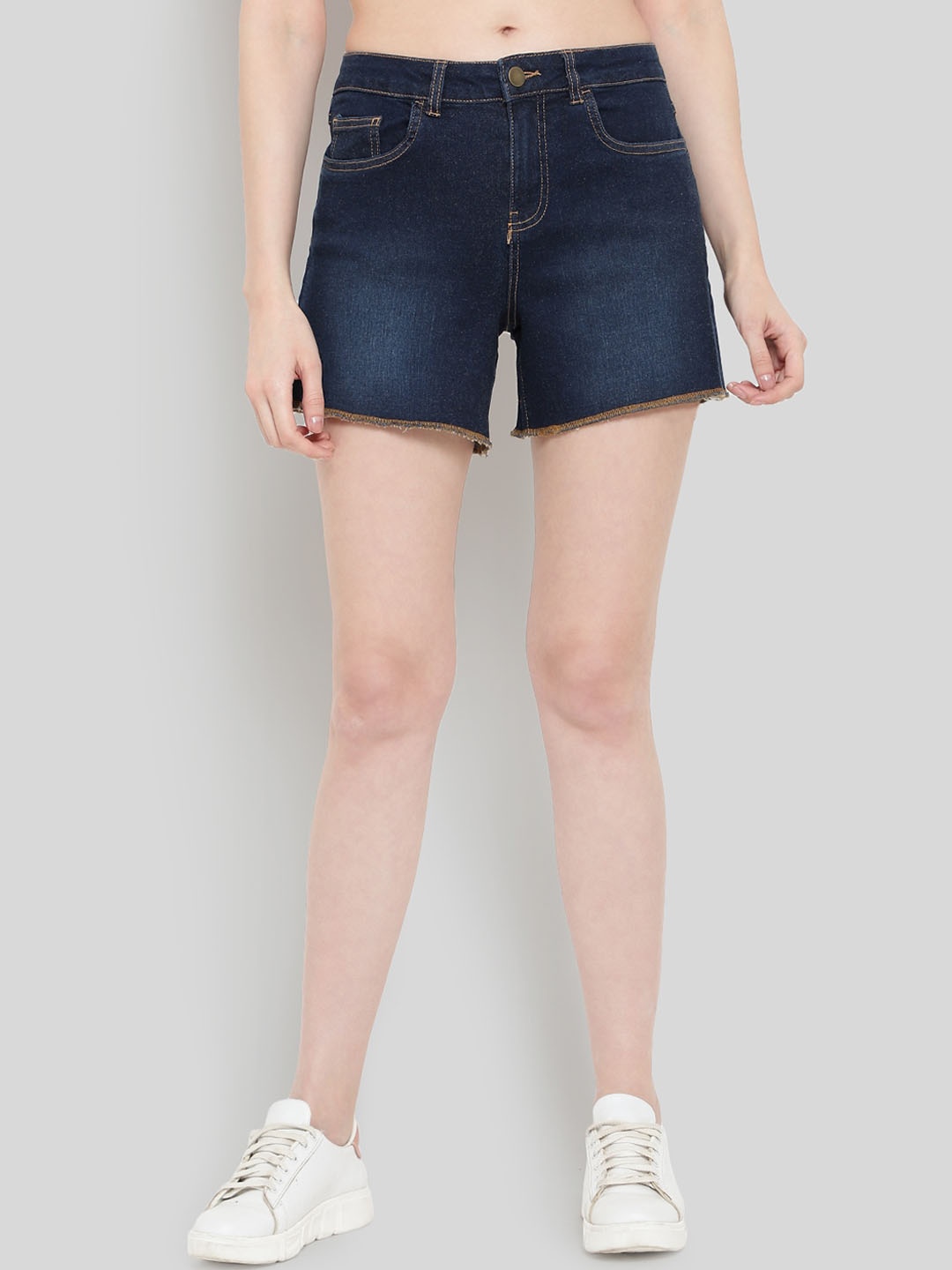 

GUTI Women Mid-Rise Knitted Denim Shorts, Blue