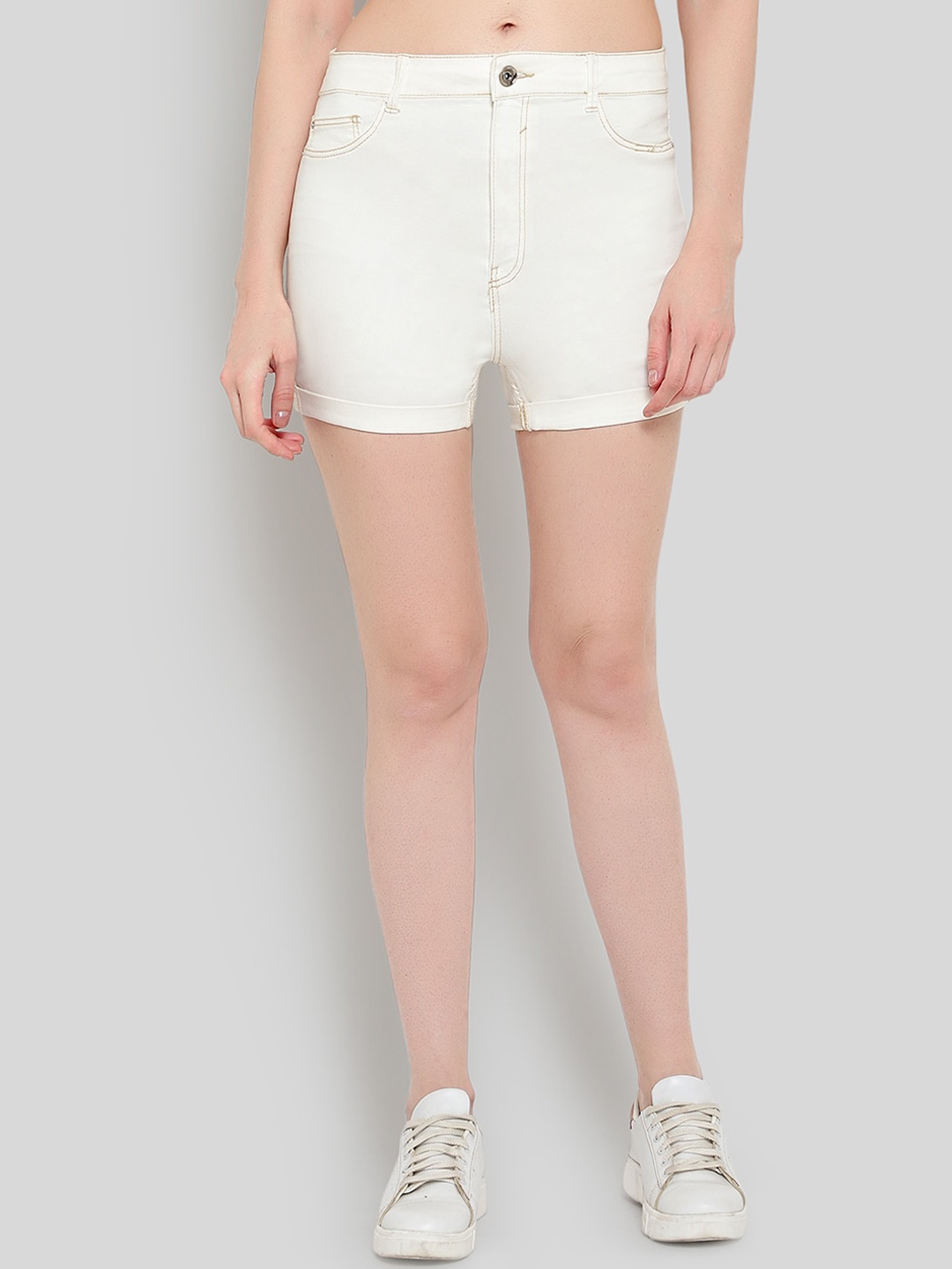 GUTI Women Mid-Rise Cotton Denim Shorts, Off white