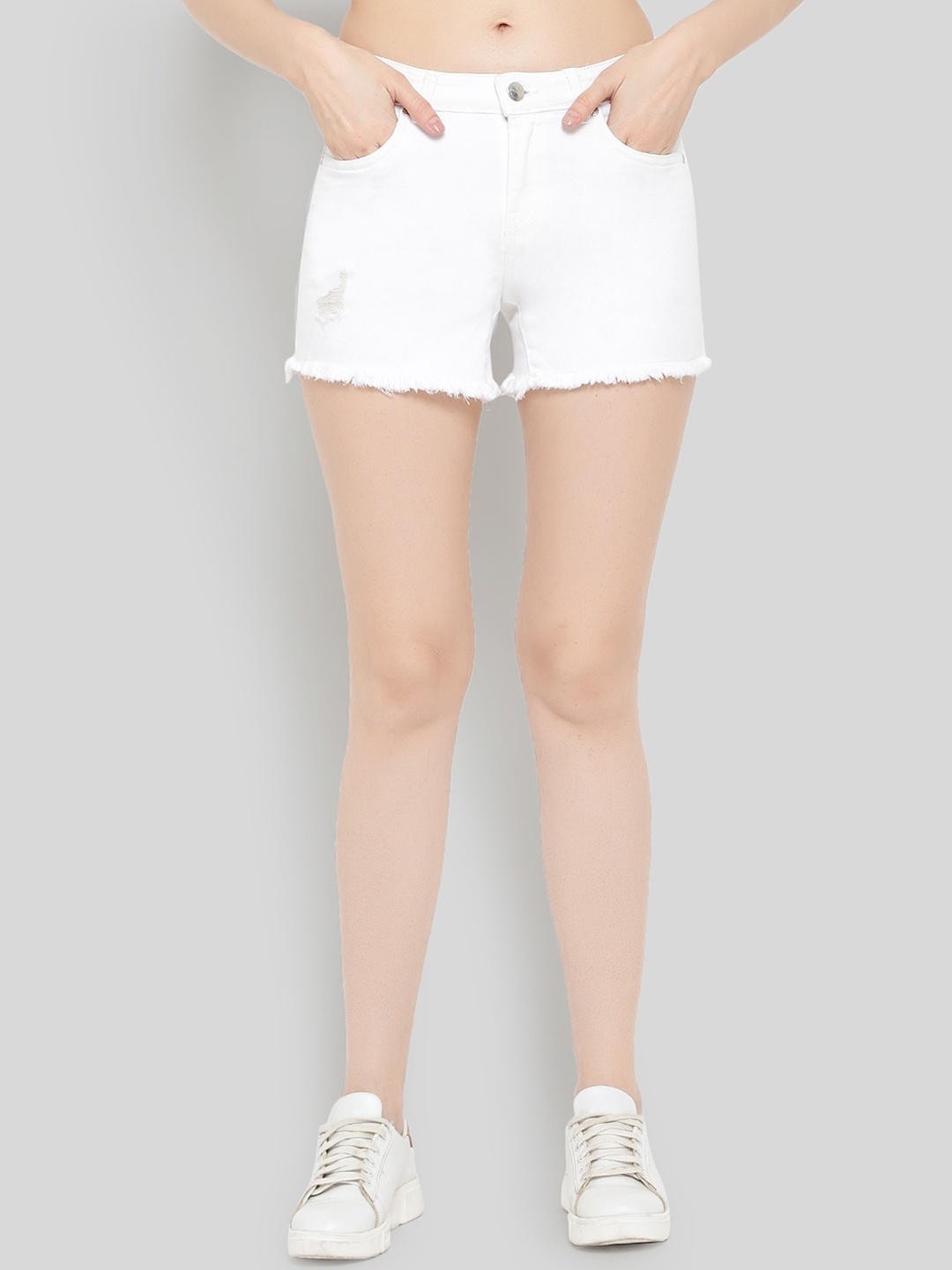 

GUTI Women Mid-Rise Frayed Hem Distressed Cotton Denim Shorts, White