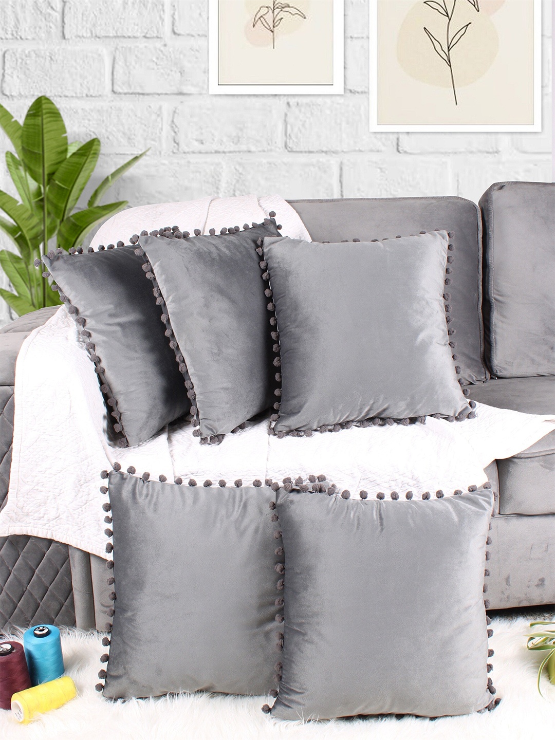 

STITCHNEST Grey 5 Pieces Velvet Square Cushion Covers