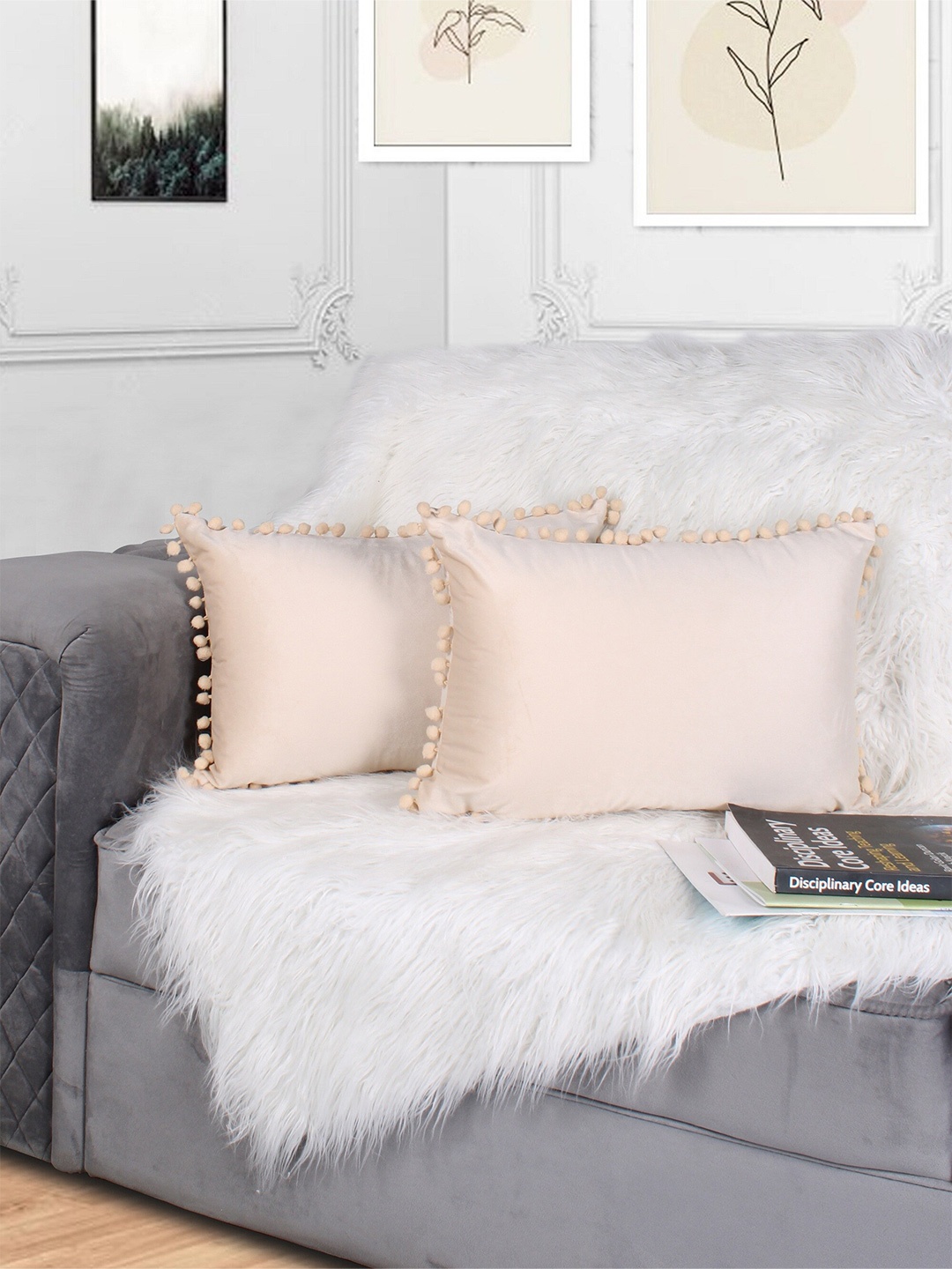 

STITCHNEST Beige 2 Pieces Velvet Rectangle Cushion Covers