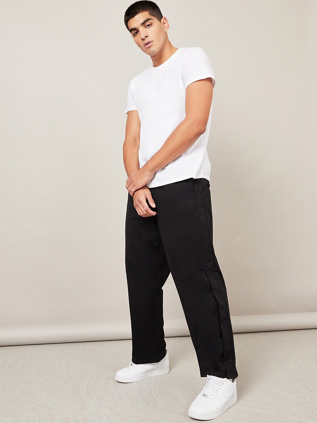 

Styli Oversized Straight Leg Jogger with Popper Button, Black