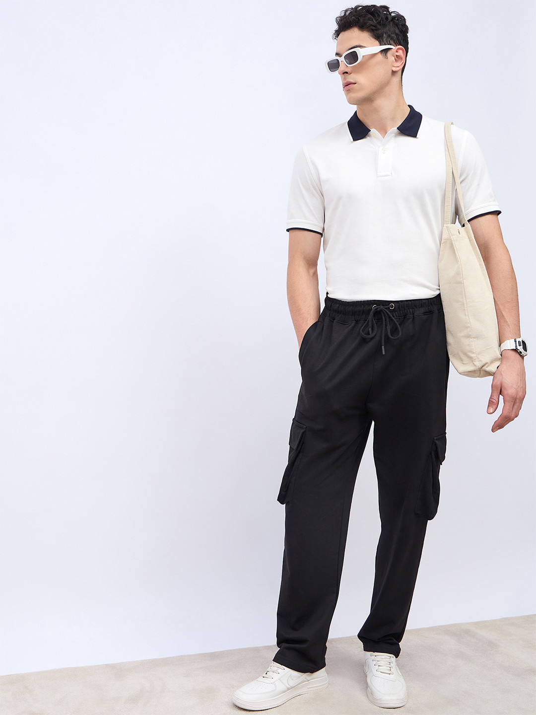 

Styli Men Cotton Oversized Straight Leg Joggers with Cargo Pockets, Black