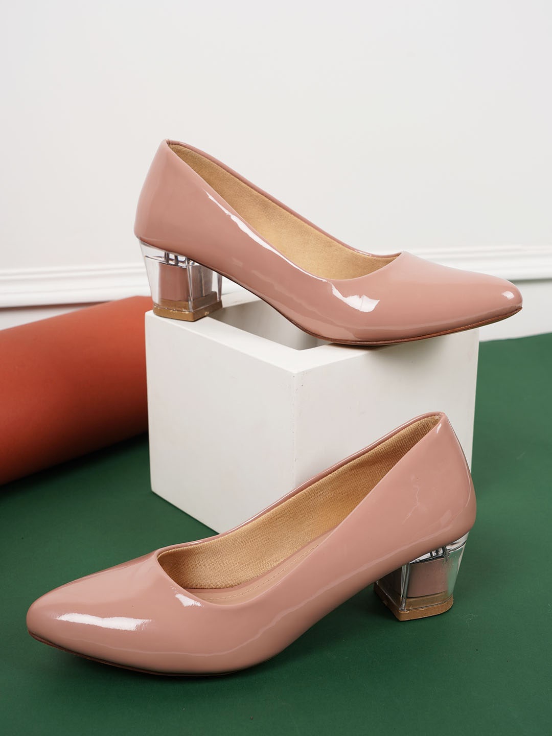 

Style Shoes Pointed Toe Block Heel Pumps, Peach