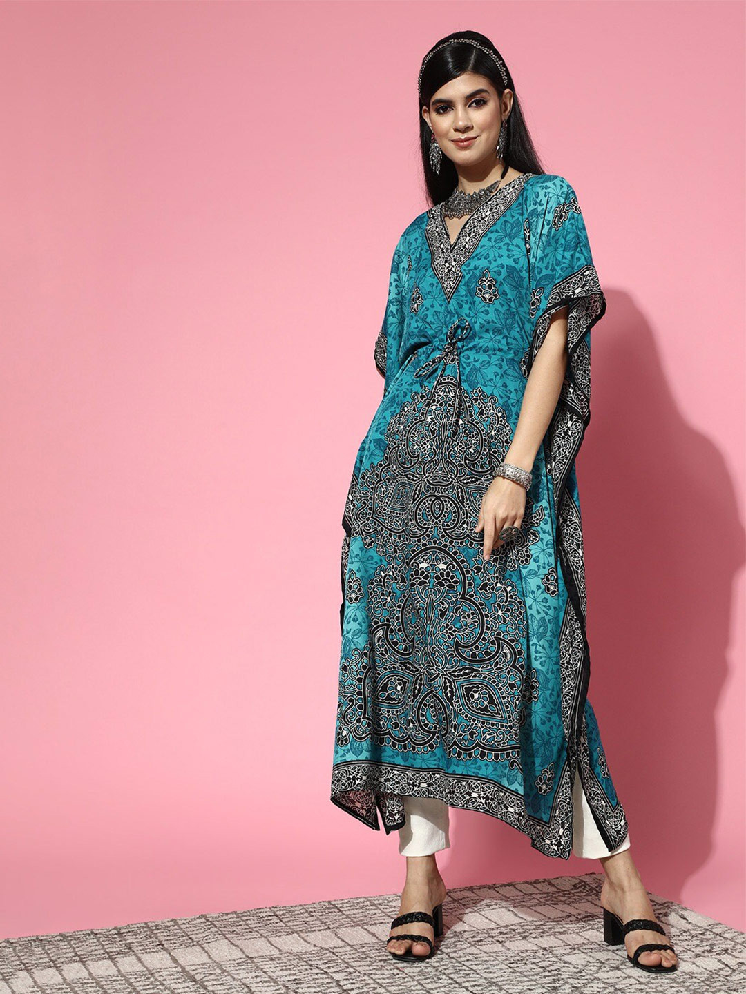 

Rang Gali Blue V-Neck Ethnic Motifs Printed Kaftan Kurta