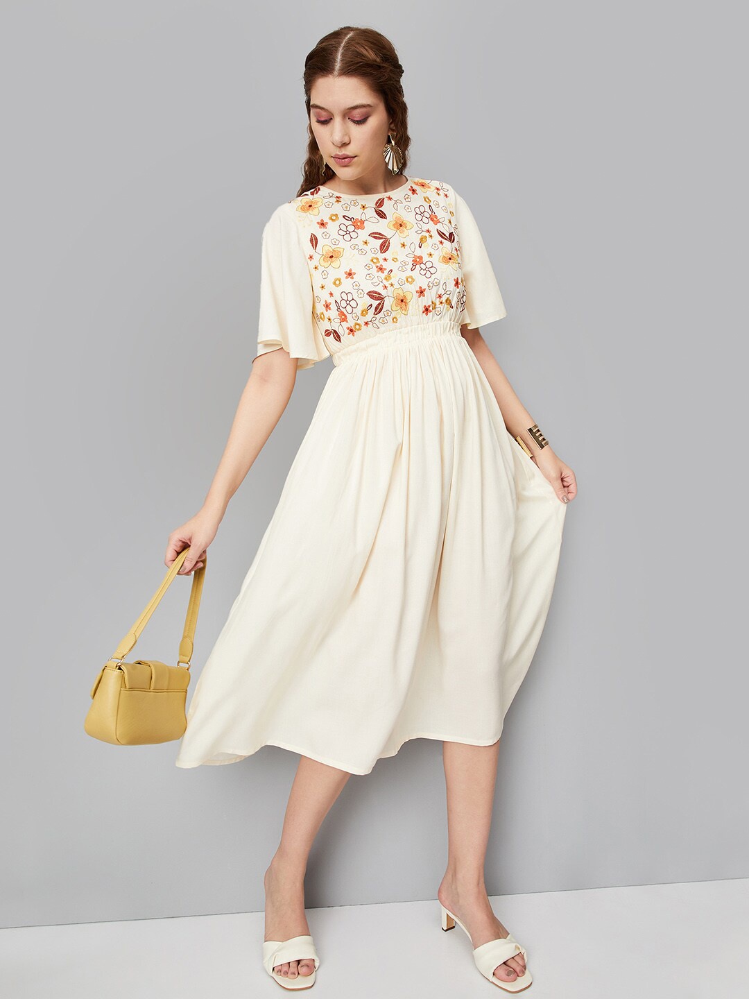 

max Floral Embroidered Flared Sleeves Fit & Flare Midi Dress, Beige