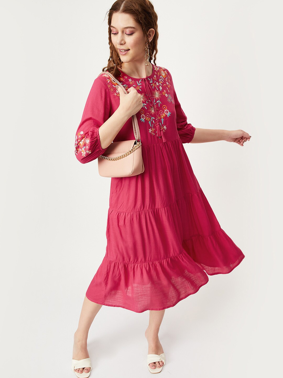 

max Floral Embroidered Tie-Up Neck Tiered A-Line Midi Dress, Pink