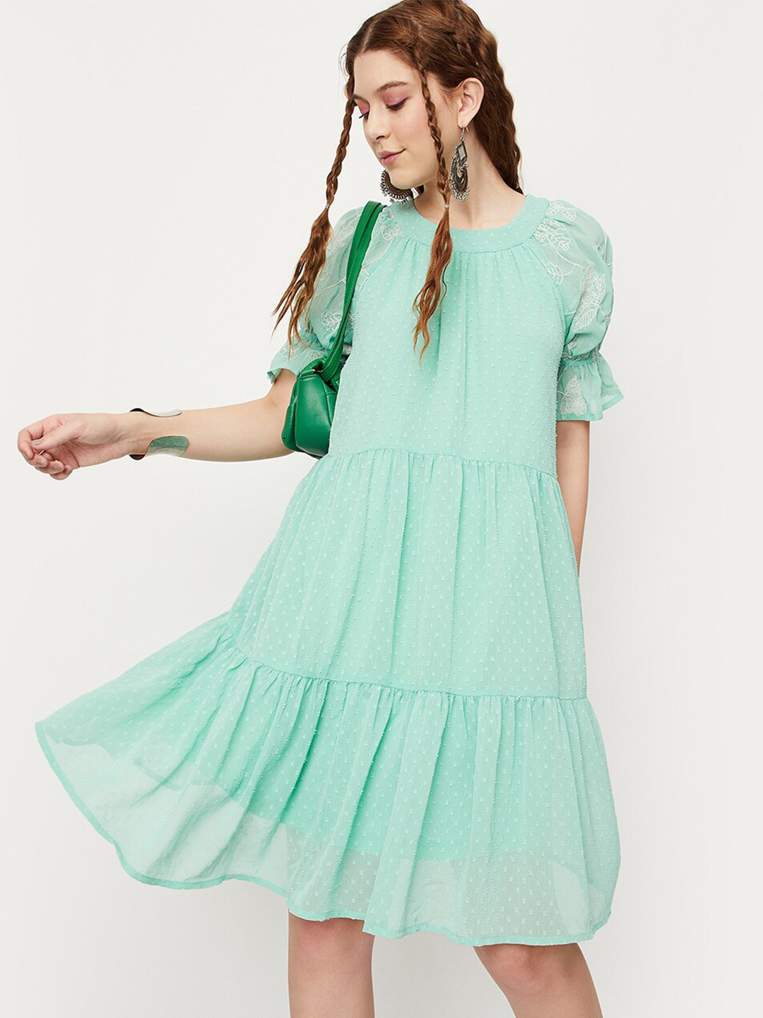 

max Self Design Puff Sleeves Tiered A-Line Dress, Green