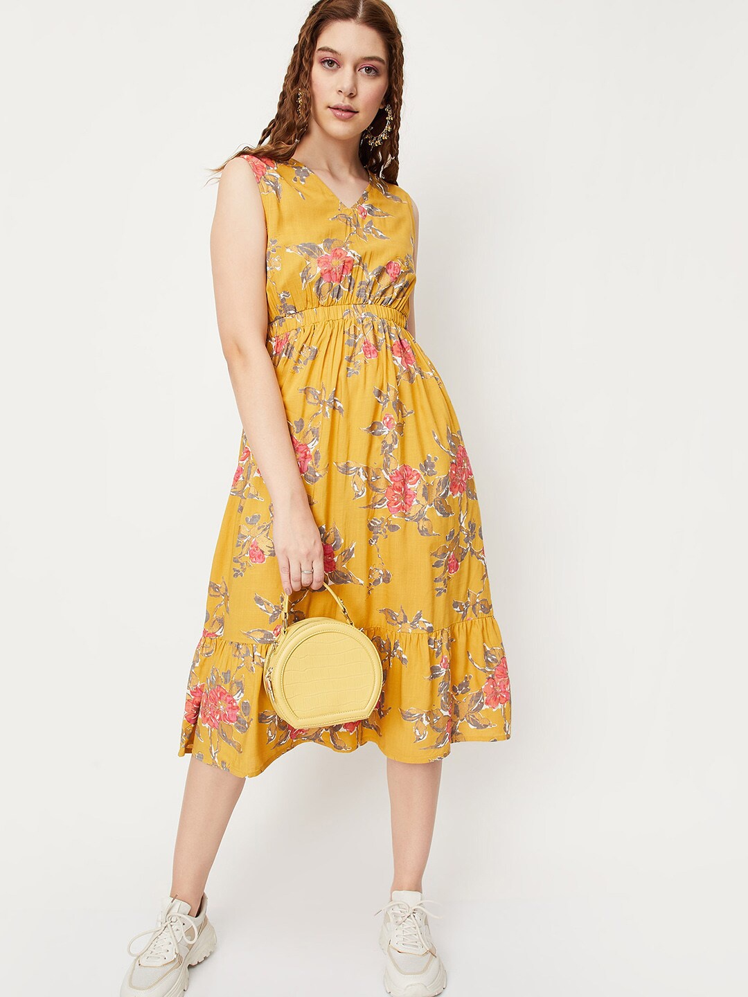 

max Floral Printed Fit & Flare Midi Dress, Mustard