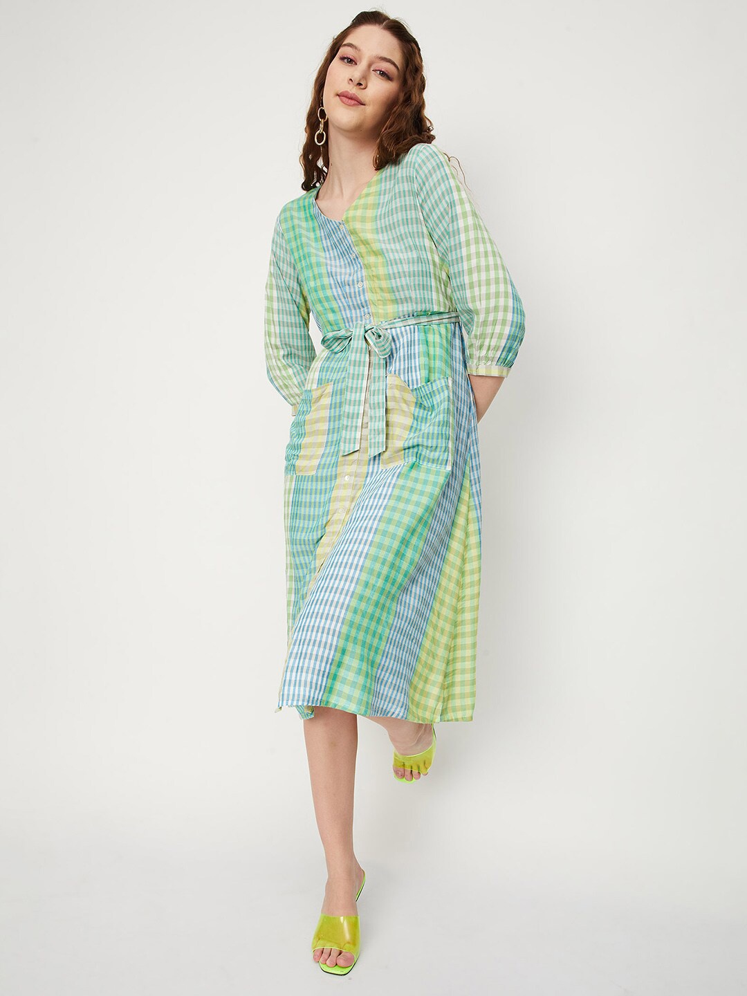 

max Checked Puff Sleeves Pure Cotton A-Line Dress With Belt, Green