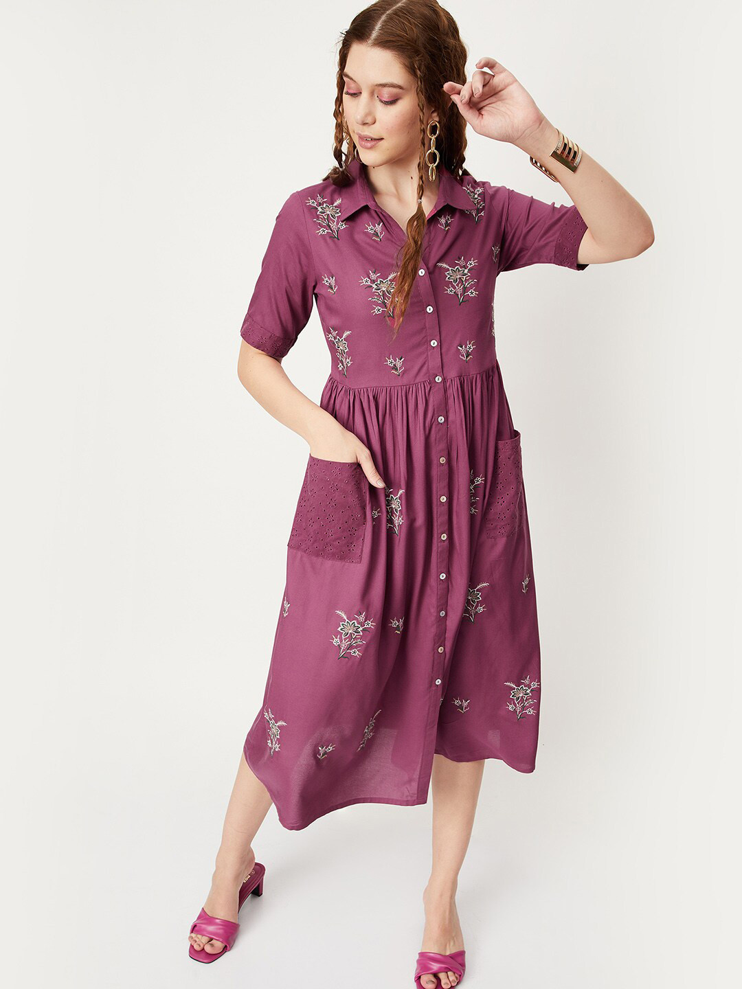 

max Floral Embroidered Pleated Shirt Midi Dress, Purple