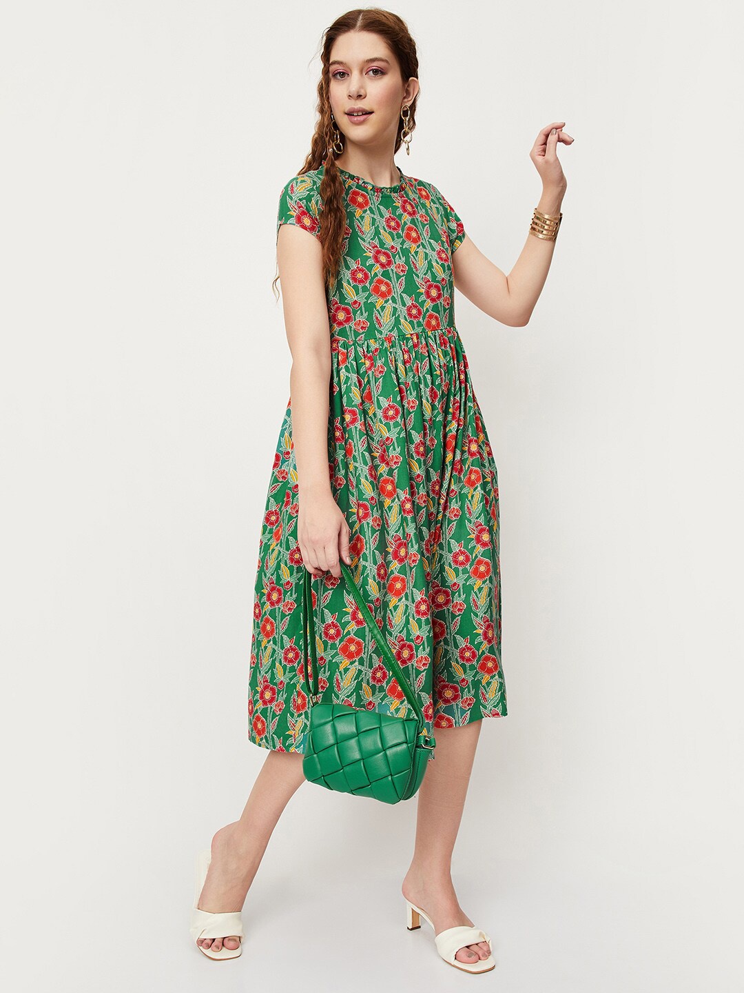 

max Floral Printed Pleated A-Line Midi Dress, Green