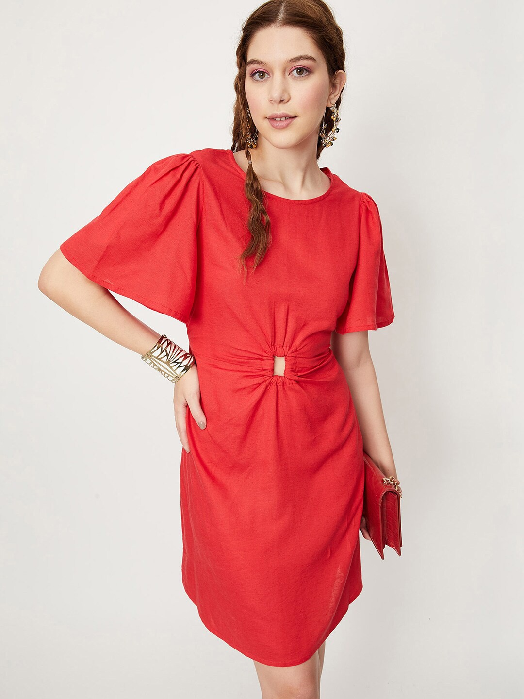 

max Flared Sleeves Cut-Out Detail Sheath Mini Dress, Red