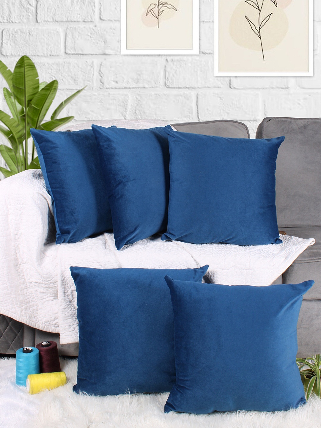 

STITCHNEST Blue 5 Pieces Velvet Square Cushion Covers