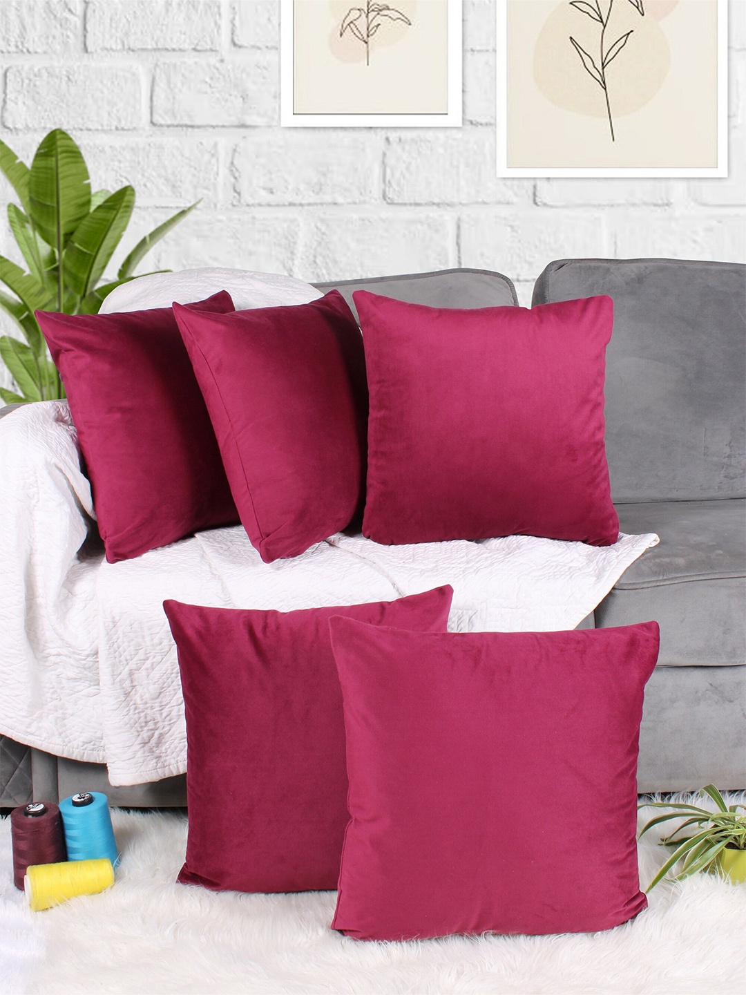 

STITCHNEST Maroon 5 Pieces Velvet Square Cushion Covers