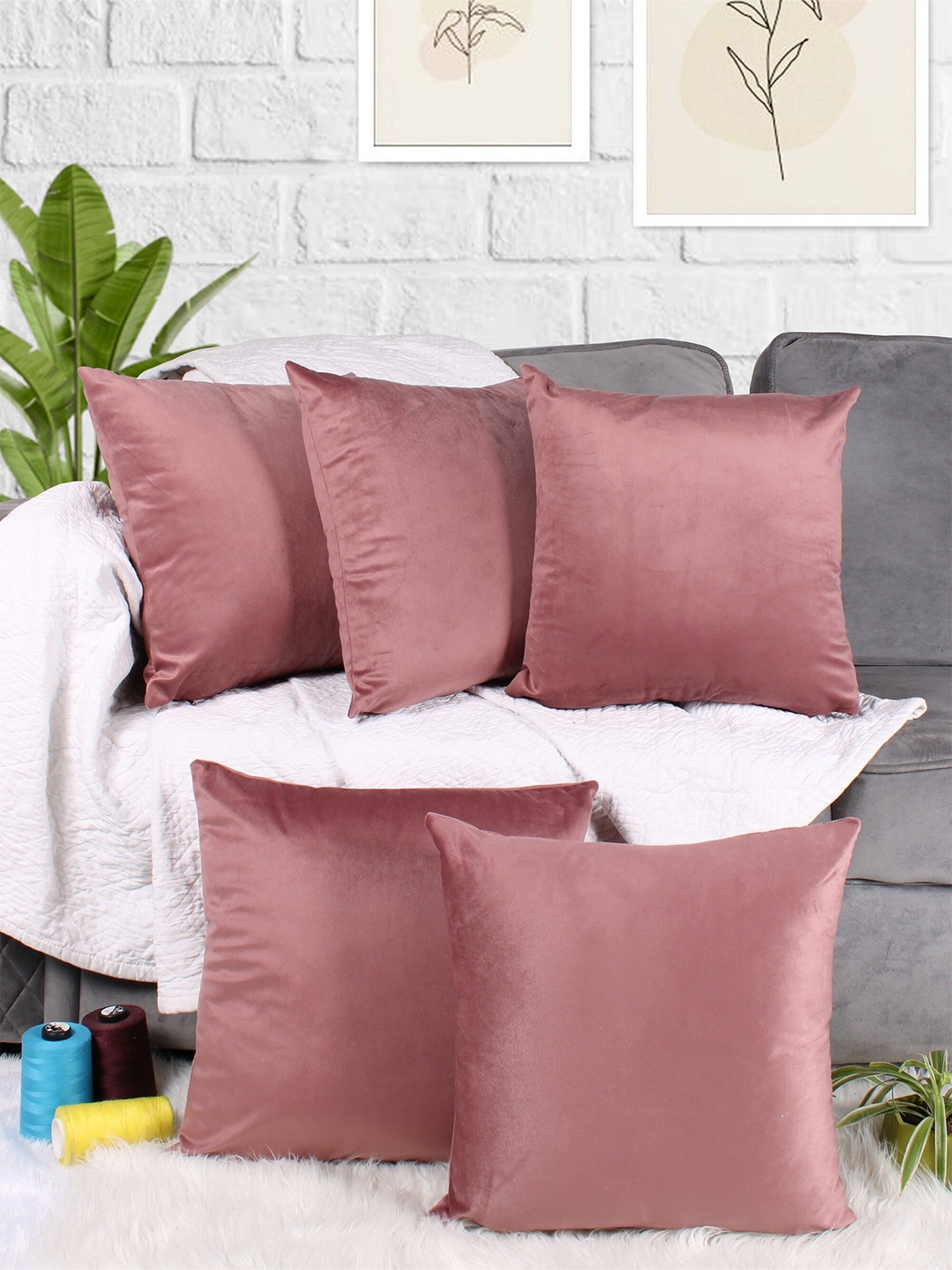 

STITCHNEST Peach-Coloured 5 Pieces Velvet Square Cushion Covers