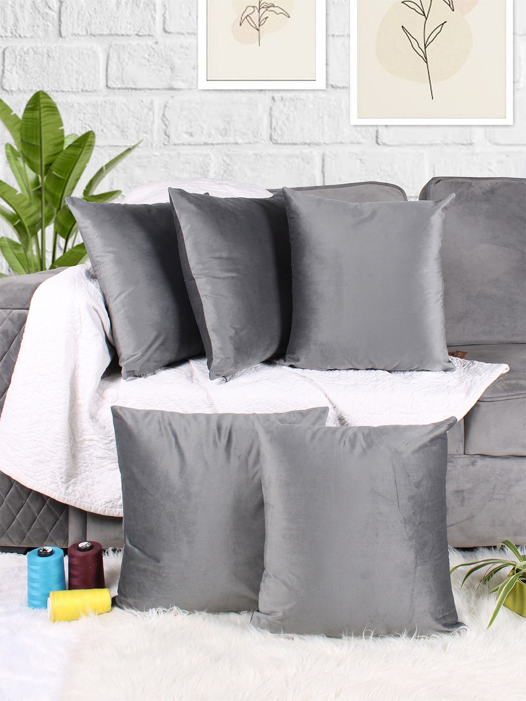 

STITCHNEST Grey 5 Pieces Velvet Square Cushion Covers