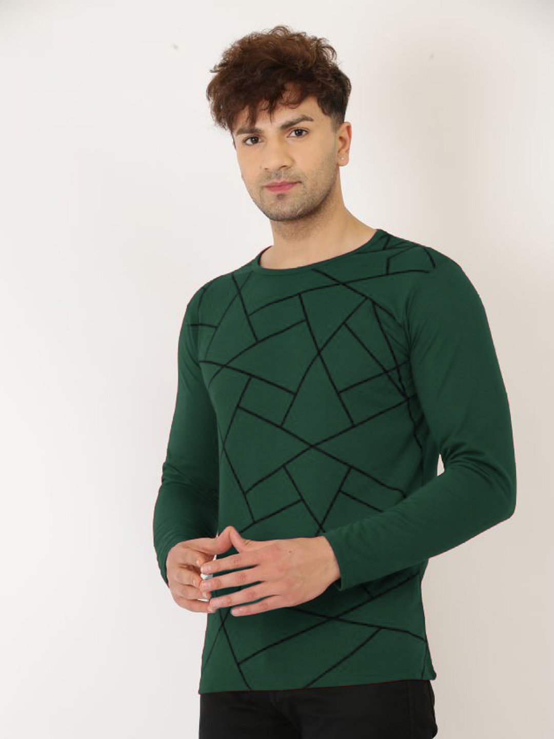 

Try This Geometric Printed Round Neck Long Sleeves Cotton T-shirt, Green