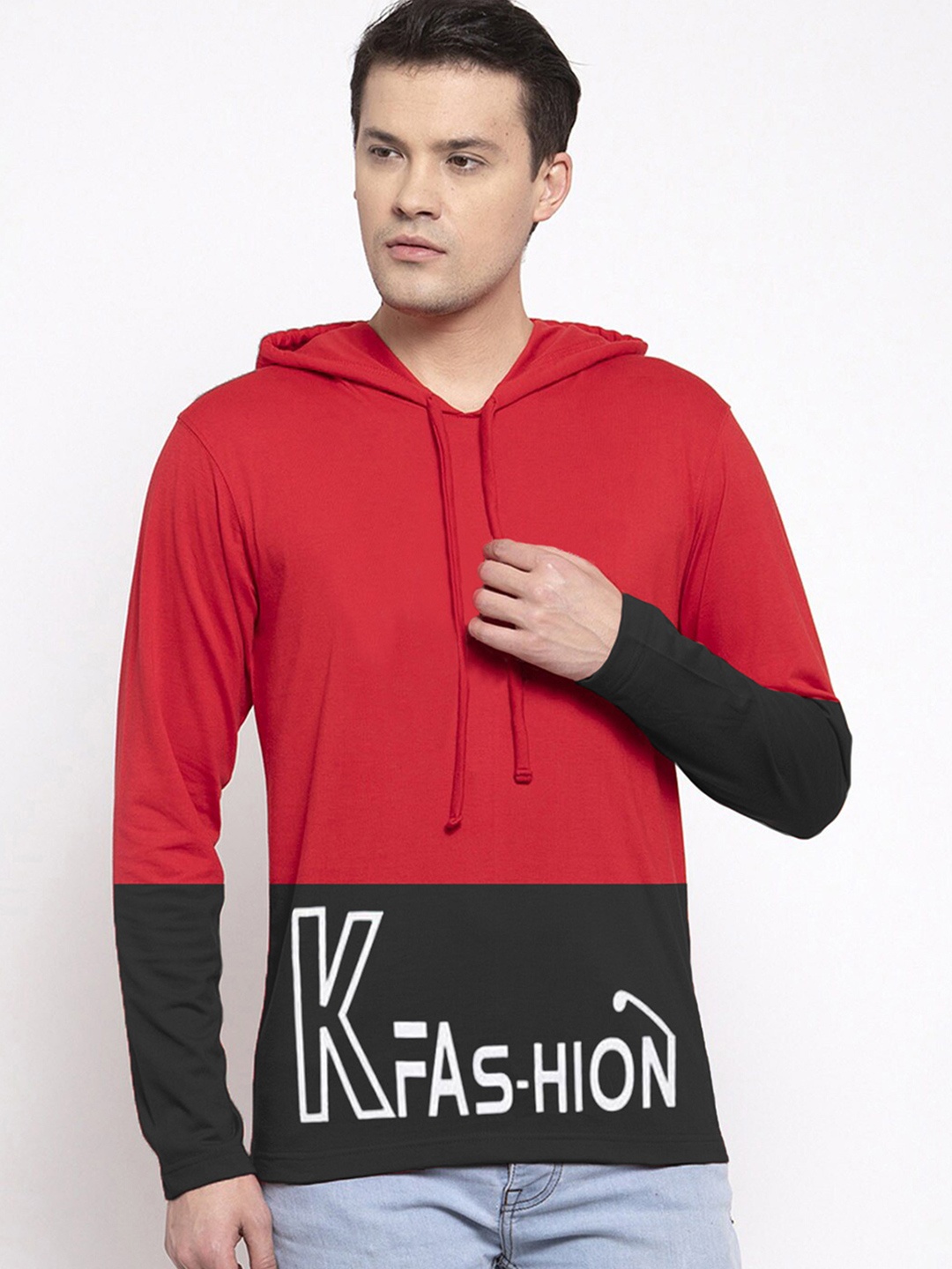 

Try This Colourblocked Hooded Long Sleeves Cotton T-shirt, Red