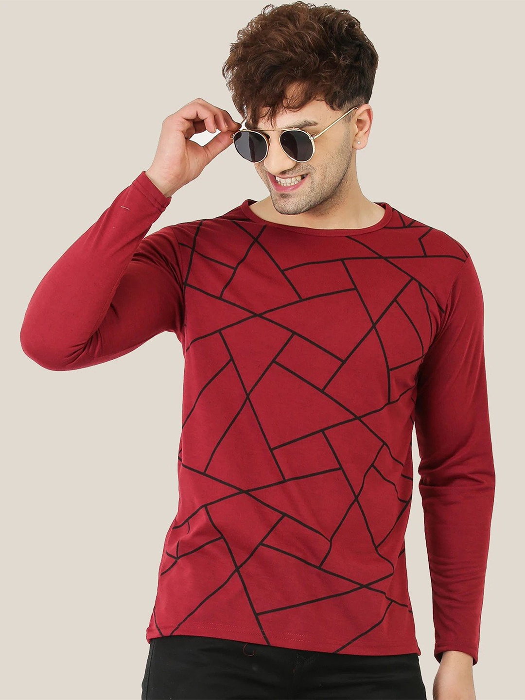 

Try This Geometric Printed Long Sleeves Cotton T-shirt, Maroon