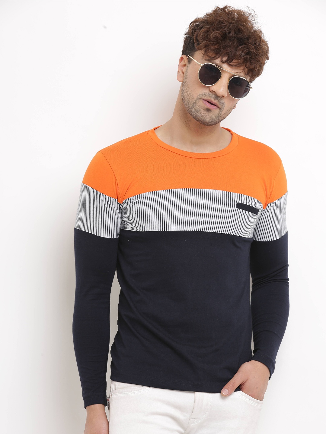 

Try This Colourblocked Long Sleeves Cotton T-shirt, Orange
