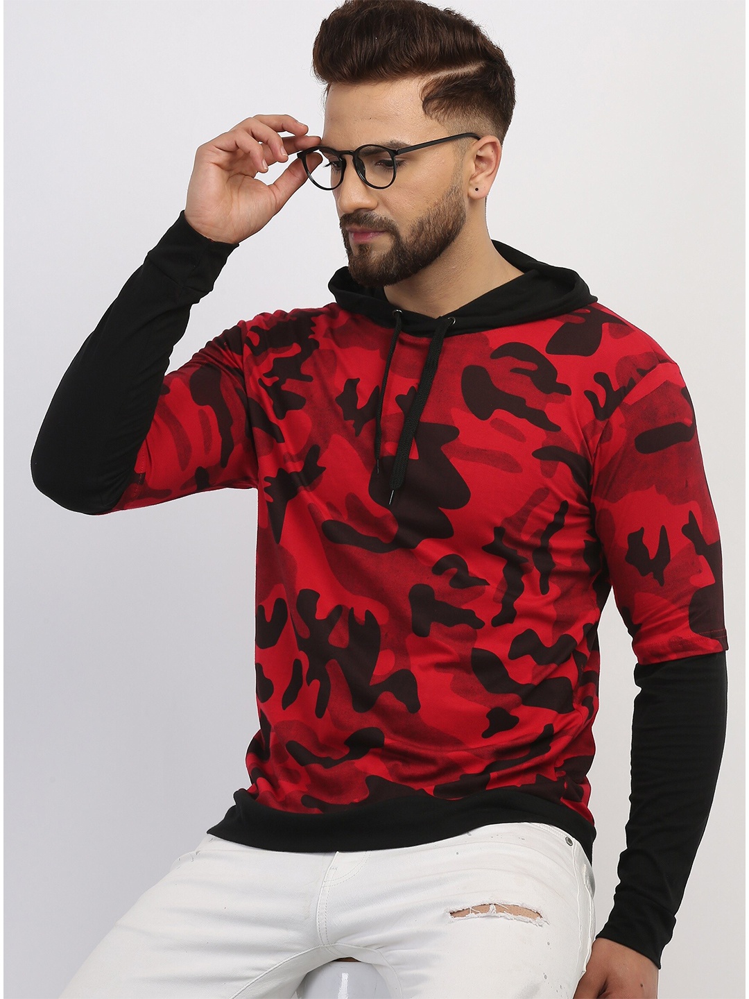 

Try This Abstract Printed Hooded Cotton T-shirt, Red