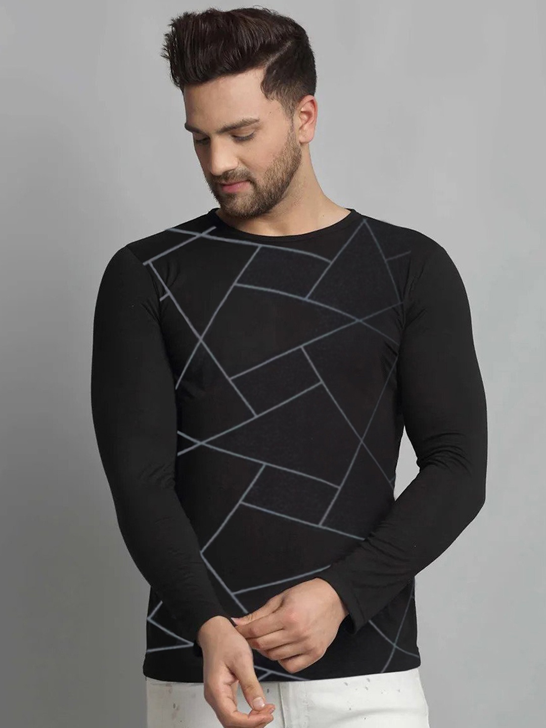 

Try This Geometric Printed Round Neck Long Sleeves Cotton T-shirt, Black