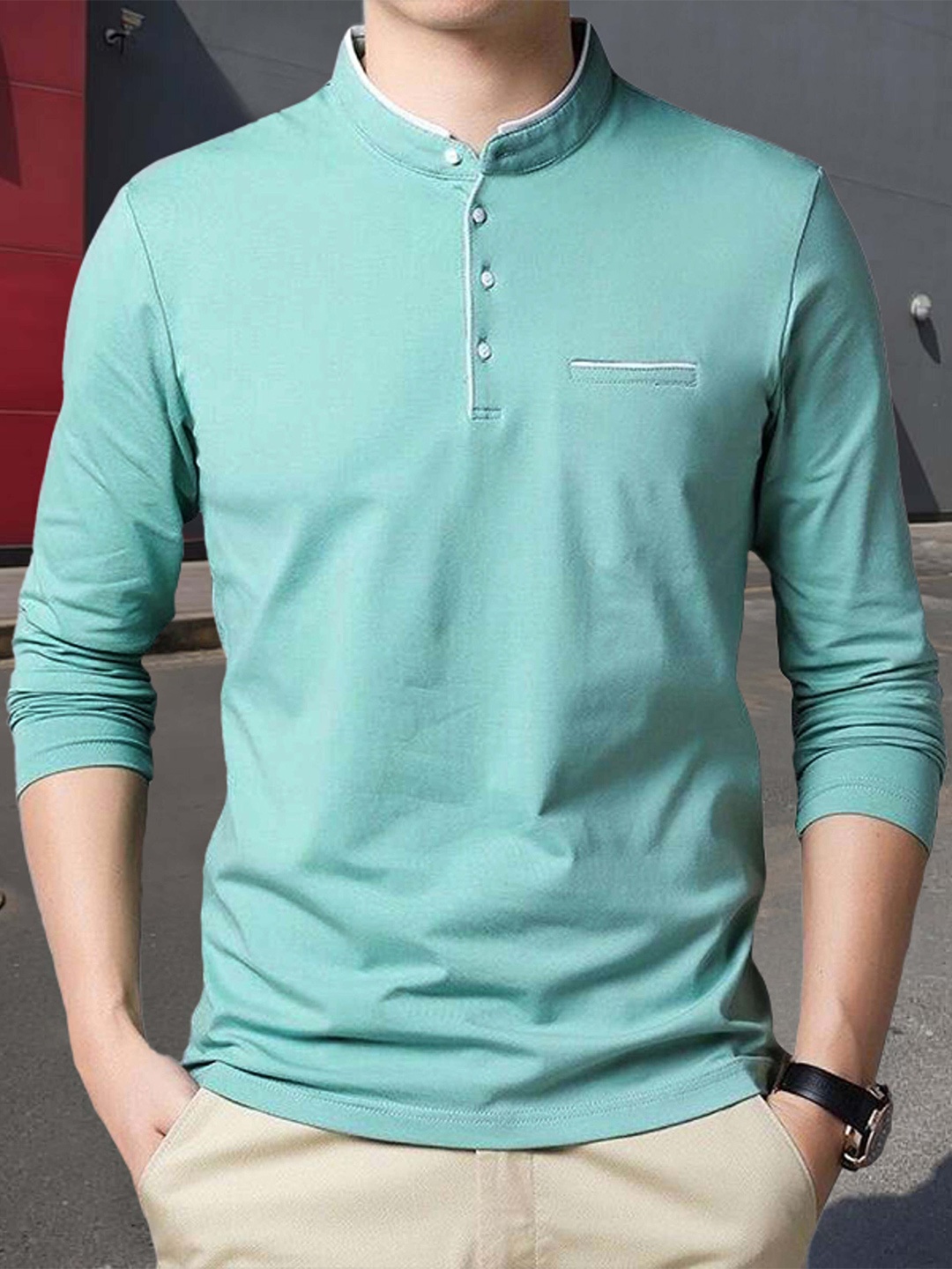 

Try This Mandarin Collar Long Sleeves Cotton T-shirt, Sea green
