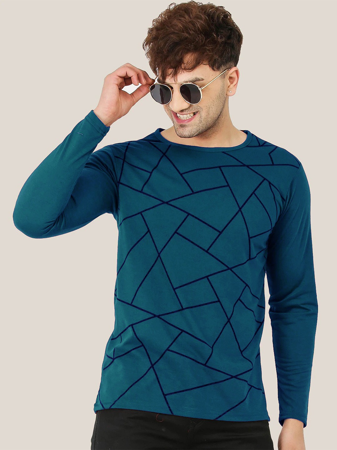 

Try This Geometric Printed Round Neck Cotton T-shirt, Teal