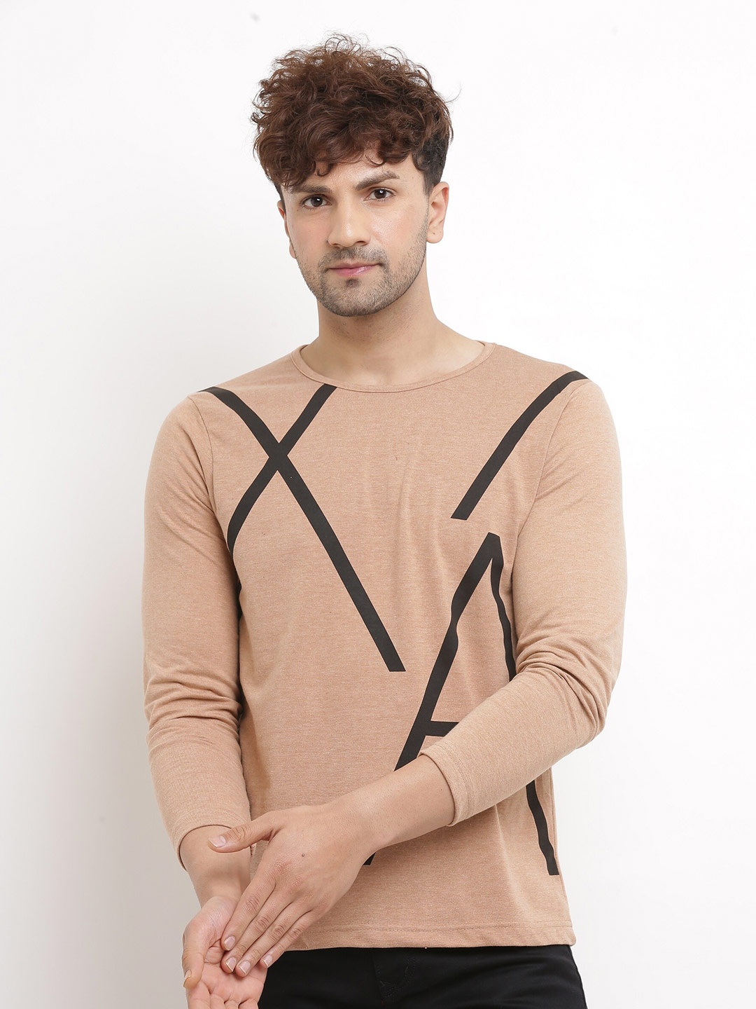 

Try This Typography Printed Round Neck Long Sleeves Cotton T-shirt, Beige