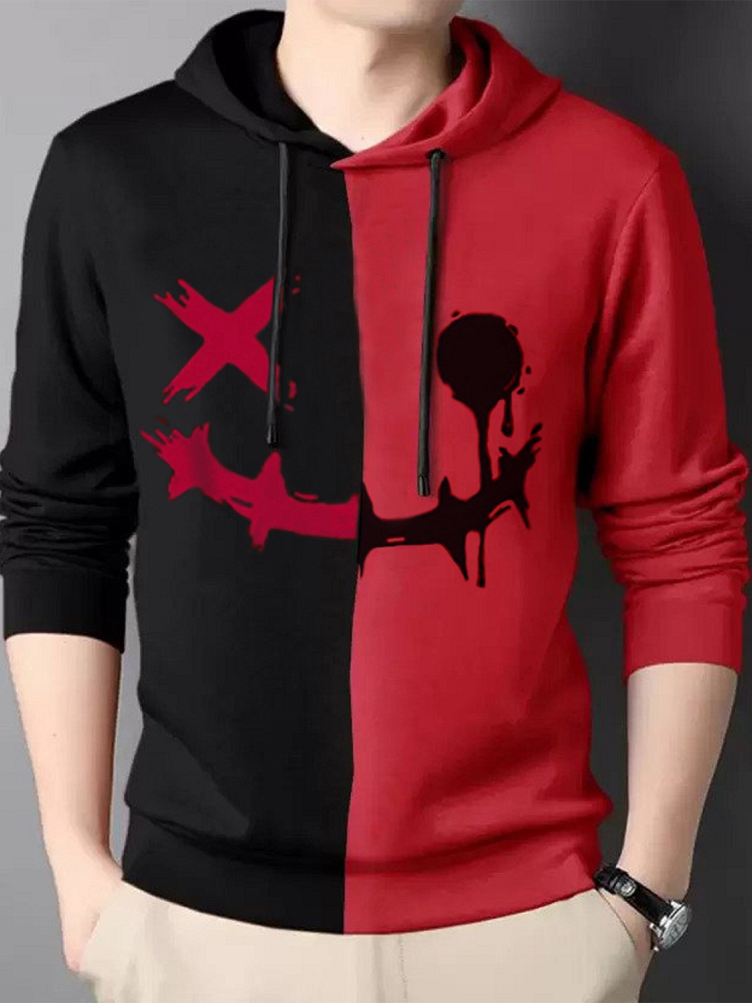 

Try This Colourblocked Long Sleeves Hooded Cotton T-shirt, Red