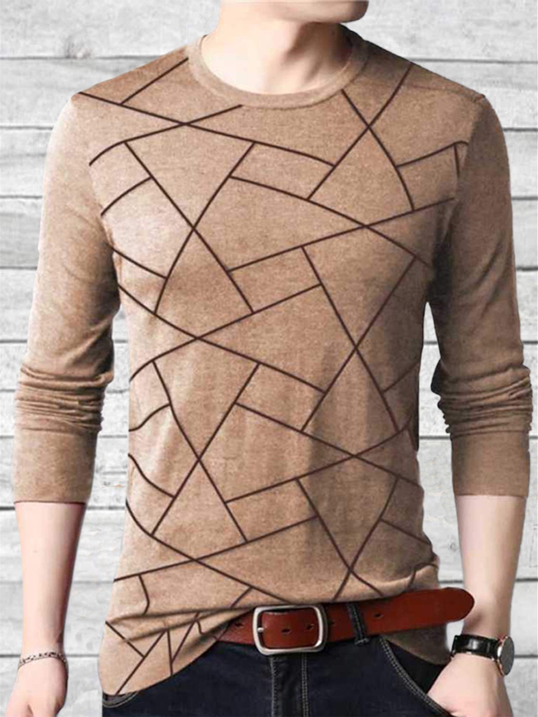 

Try This Geometric Printed Round Neck Long Sleeves Cotton T-shirt, Beige