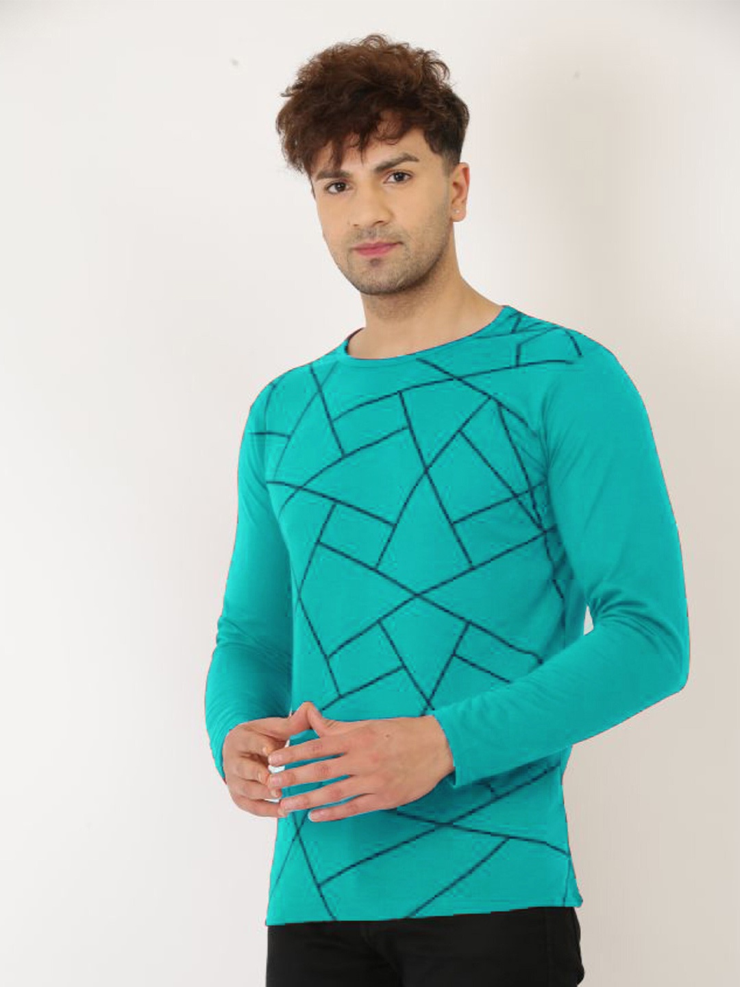 

Try This Geometric Printed Round Neck Long Sleeves Cotton T-shirt, Blue