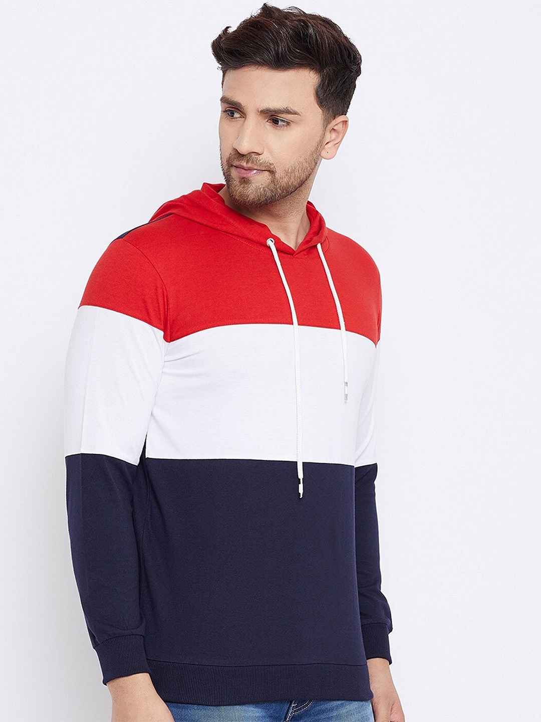 

Try This Colourblocked Long Sleeves Hooded Cotton T-shirt, Red
