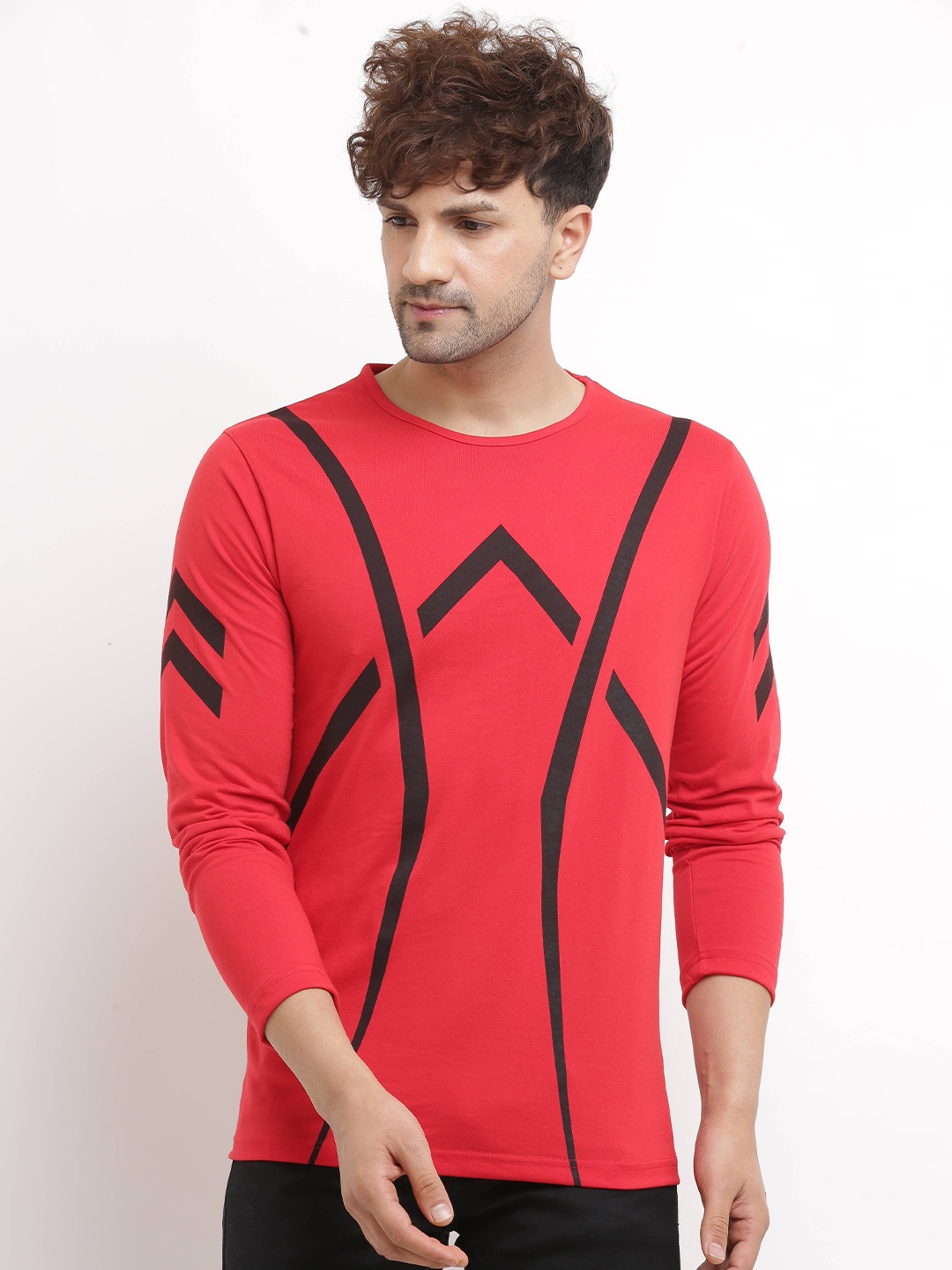 

Try This Geometric Printed Round Neck Long Sleeves Cotton T-shirt, Red