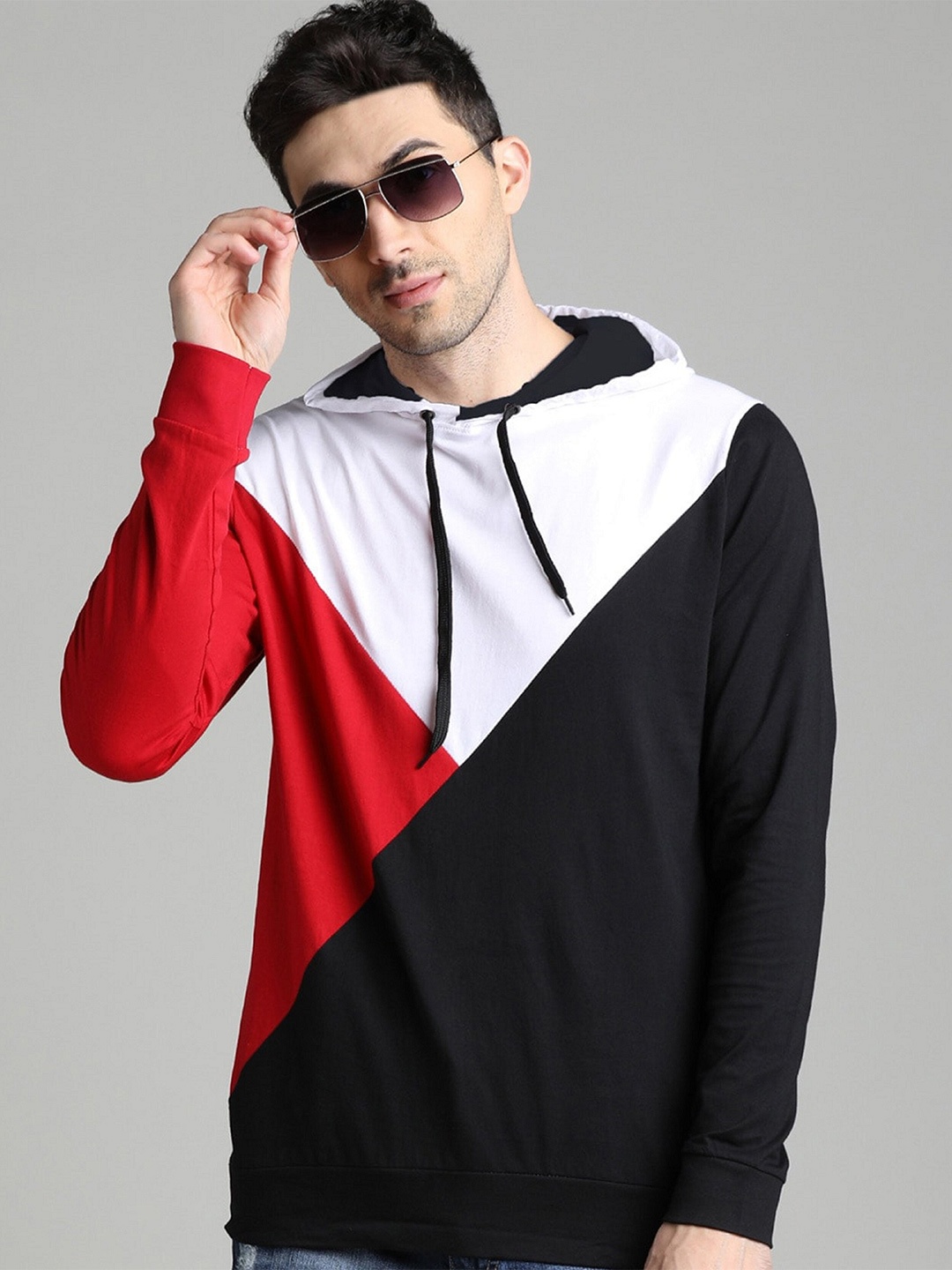 

Try This Colourblocked Long Sleeves Hooded Cotton T-shirt, Red