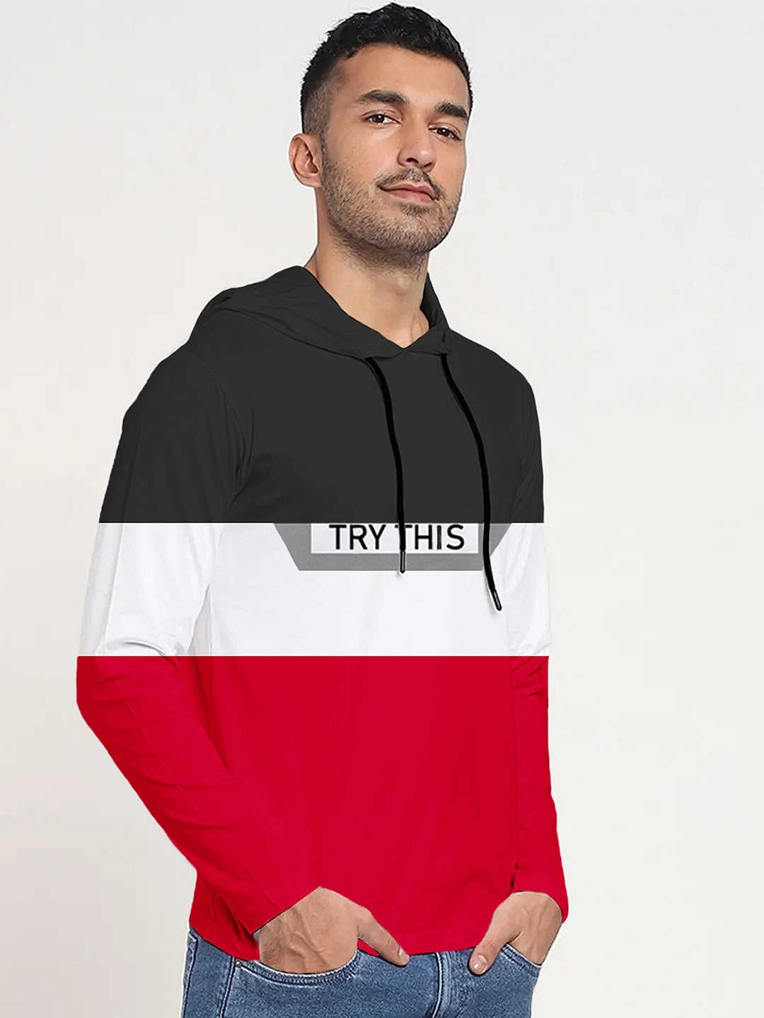 

Try This Colourblocked Hooded Cotton T-shirt, Red