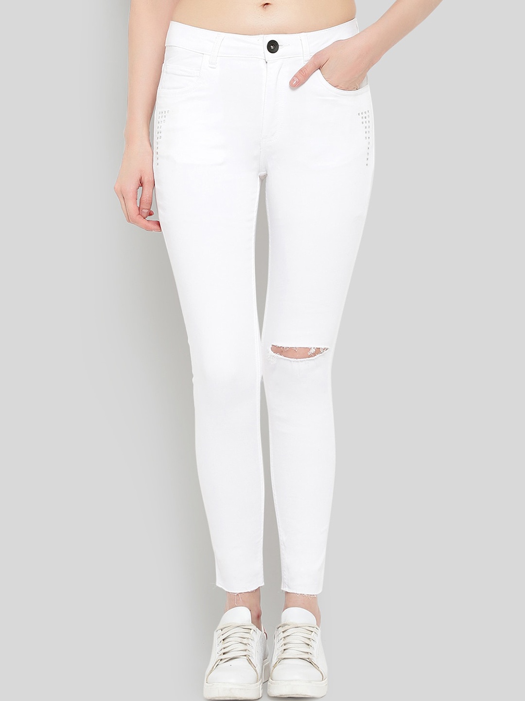 

GUTI Women Mid-Rise Slash Knee Stretchable Cropped Skinny Fit Jeans, White