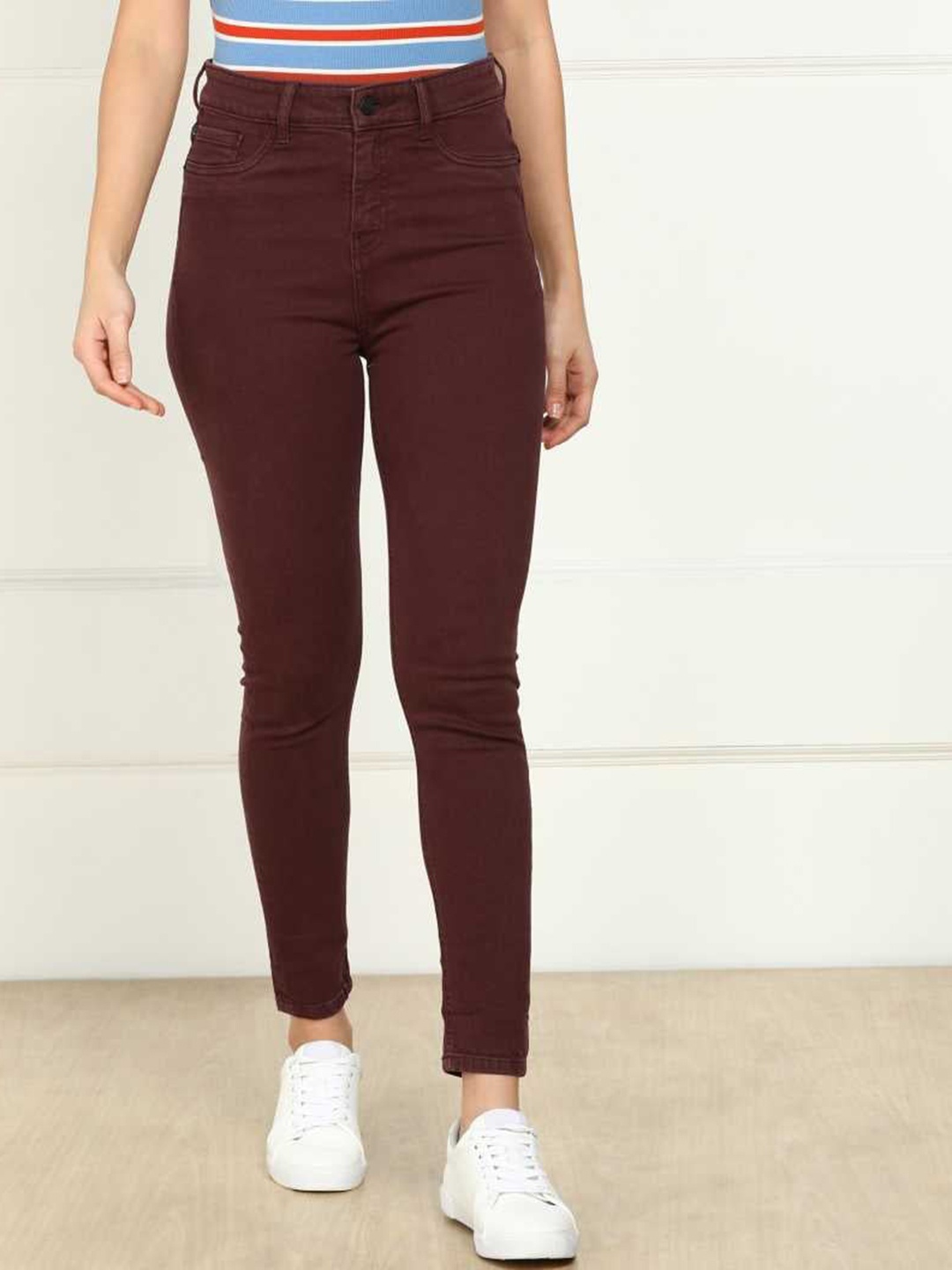 

GUTI Women High-Rise Clean Look Stretchable Cropped Skinny Fit Jeans, Maroon