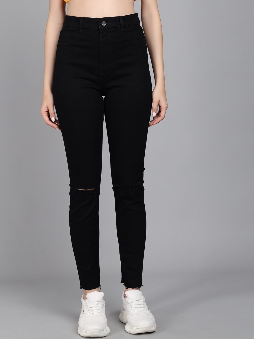 

GUTI Women High-Rise Slash Knee Stretchable Cropped Skinny Fit Jeans, Black