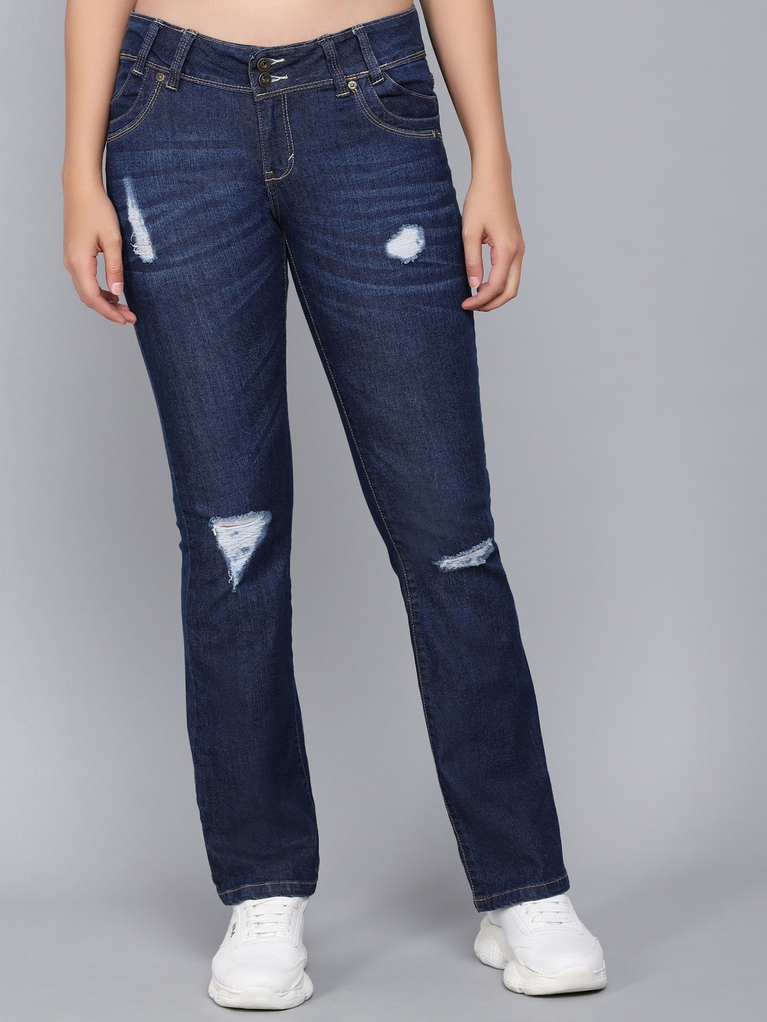 

GUTI Women High-Rise Mildly Distressed Whiskers & chevrons Bootcut Stretchable Jeans, Blue