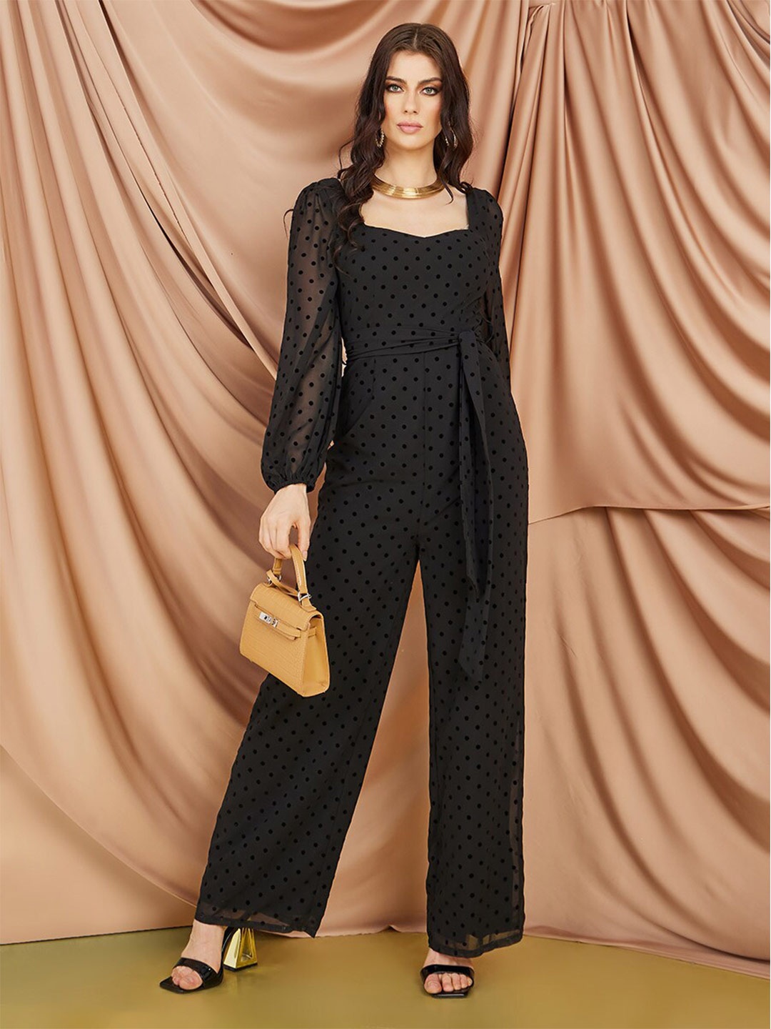 

Styli Black Polka Dots Printed Basic Jumpsuit